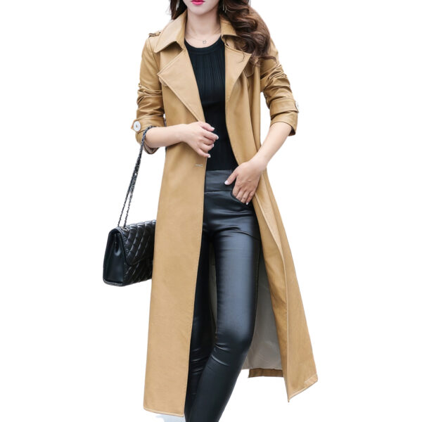 Genuine Sheepskin Lapel Collar Single Breasted Leather Trench Coat