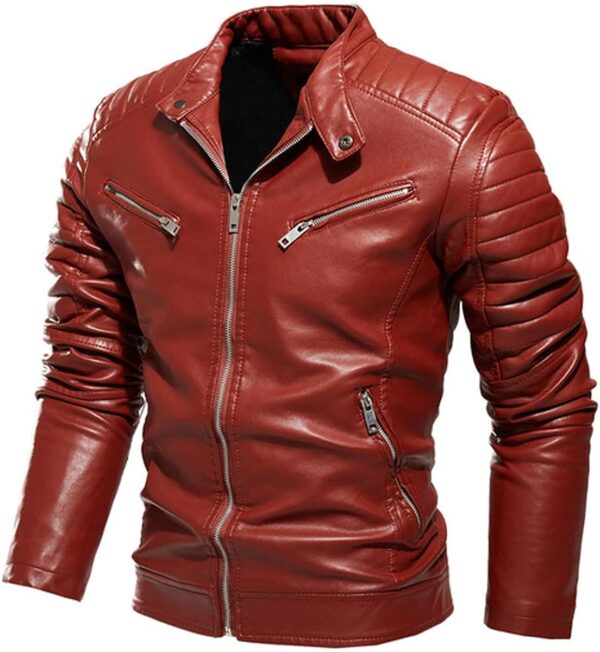 Biker Stand Collar Quilted Shoulders Classic Cafe Racer Zip-Up Real Leather Jacket - Image 2