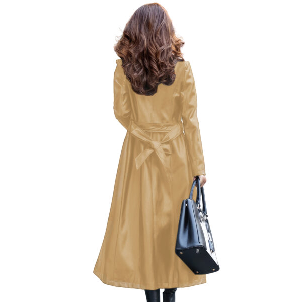 Genuine Sheepskin Lapel Collar Single Breasted Leather Trench Coat - Image 2
