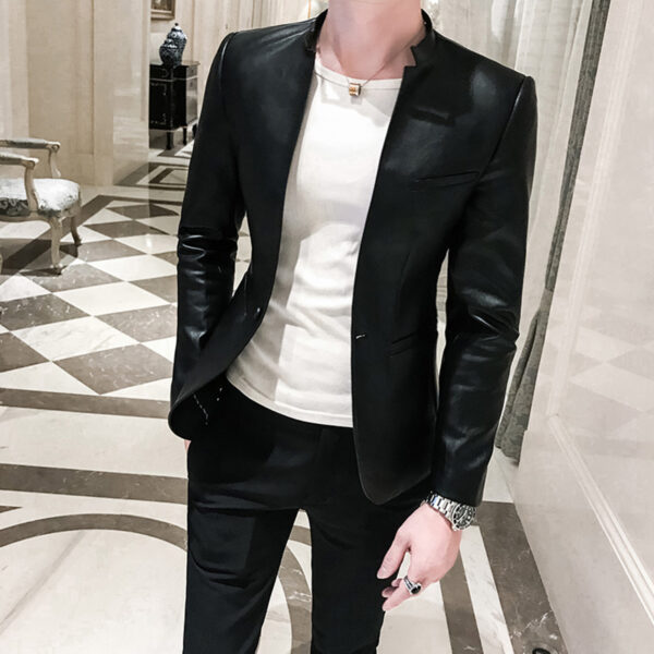 Men's Black Genuine Sheepskin Stand Collar Casual Office Business Leather Blazer - Image 2