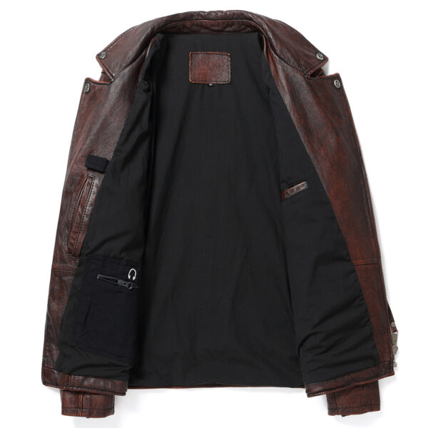 Vintage Genuine Cowhide Lapel Collar Asymmetric Biker Leather Jacket - Image 2