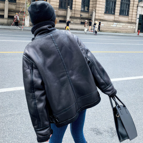 Genuine Sheepskin Shearling Faux Fur Lined Streetwear Pilot Leather Jacket - Image 2