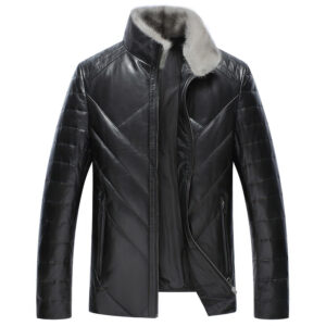 Real Sheepskin Faux Fur Collar Quilted Shoulders Padded Winter Puffer Leather Jacket