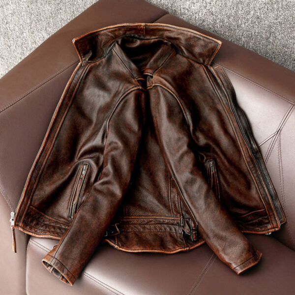Vintage Brown Cowhide Biker Classic Genuine Coat Leather Jacket - Image 2