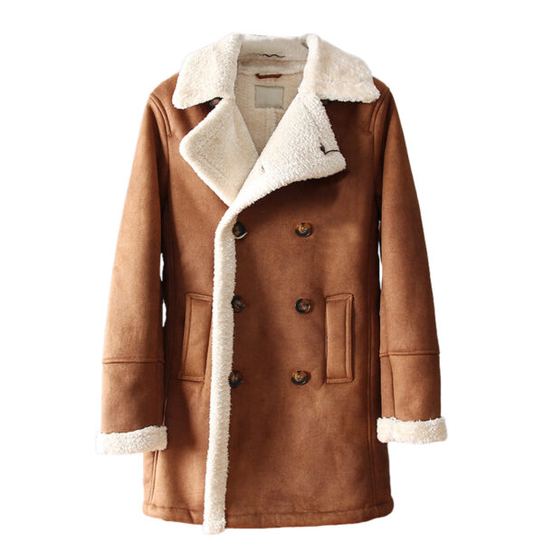 Winter Rugged Trench Coat Suede Sherpa Shearling Faux Fur Lined Lapel Collar