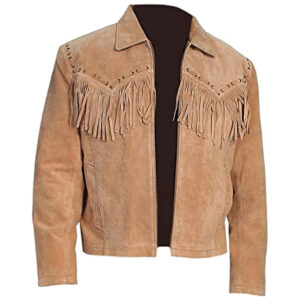 Western Trucker Real Goat Suede Fringe Bullets Native American Leather Jacket