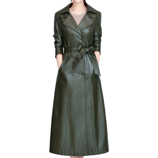 Army Green  Double Breasted Elegant Belted Leather Trench Coat