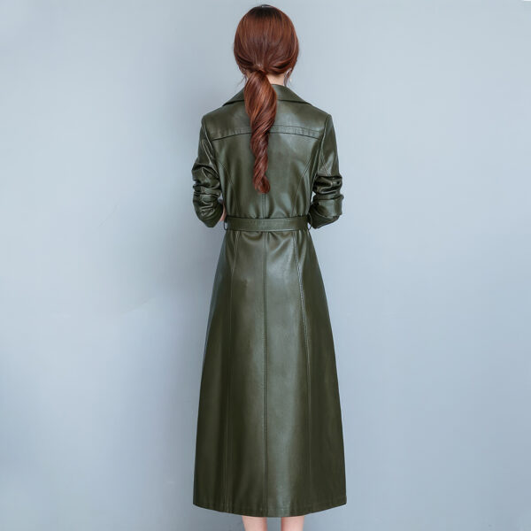 Army Green  Double Breasted Elegant Belted Leather Trench Coat - Image 2