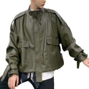 Army Green Loose Outfit Bat Sleeve Leather Jacket