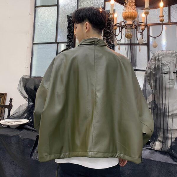 Army Green Loose Outfit Bat Sleeve Leather Jacket - Image 2