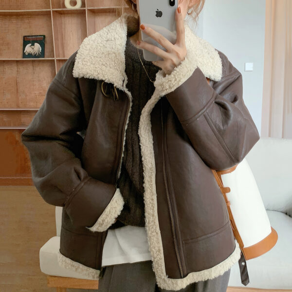 Auburn Bomber Genuine Sheepskin Shearling Faux Fur Lined Aviator Pilot Military Leather Jacket - Image 2