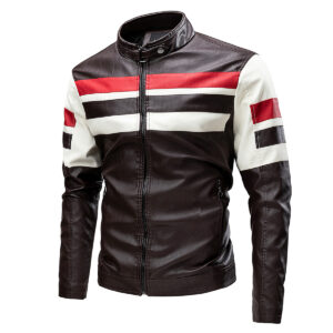 Biker Contrast Color Brown Red Stand Collar Leather Jacket