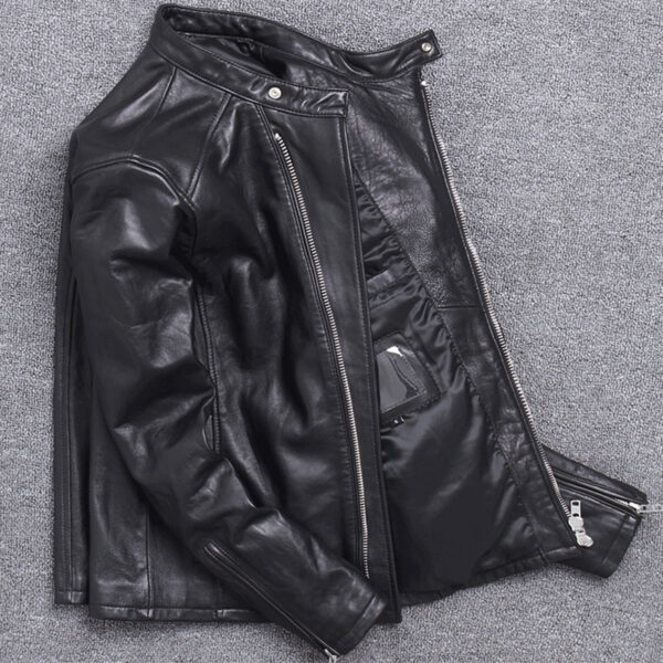 Biker Crossover Stand Collar Asymmetric Leather Jacket - Image 3
