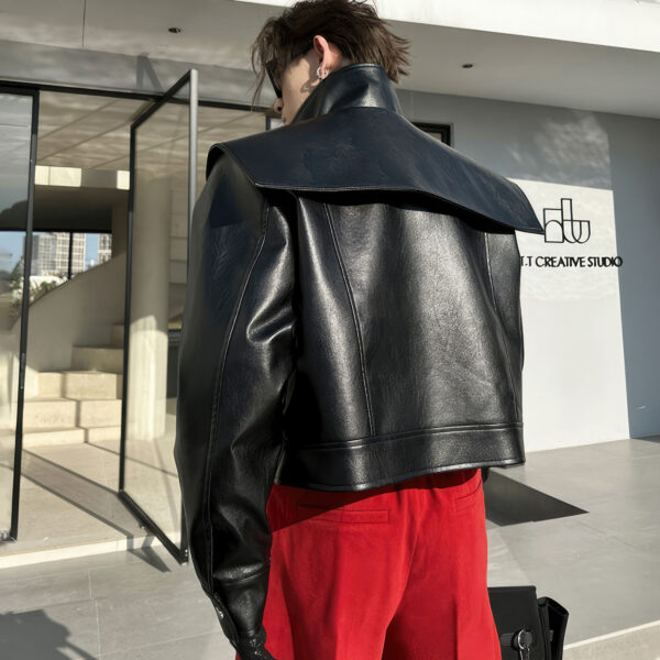 Biker Designer Shoulders Punk Style Leather Jacket - Image 2