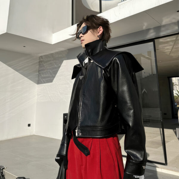 Biker Designer Shoulders Punk Style Leather Jacket - Image 3
