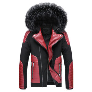 Biker Detachable Hood Red Quilted Leather Jacket