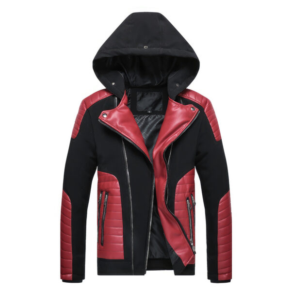 Biker Detachable Hood Red Quilted Leather Jacket - Image 3