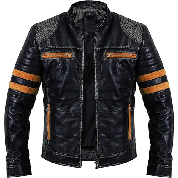 Biker Vintage Black Leather Jacket with Orange Stripes