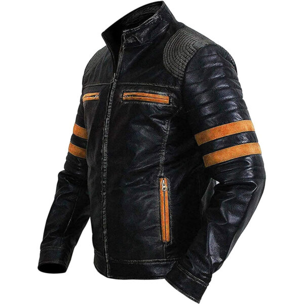 Biker Vintage Black Leather Jacket with Orange Stripes - Image 2