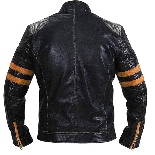 Biker Vintage Black Leather Jacket with Orange Stripes - Image 3