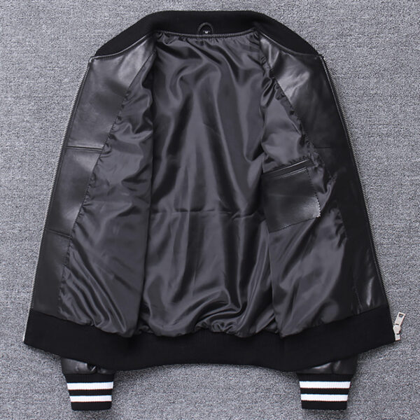 Black Baseball Varsity Bomber Leather Jacket - Image 3