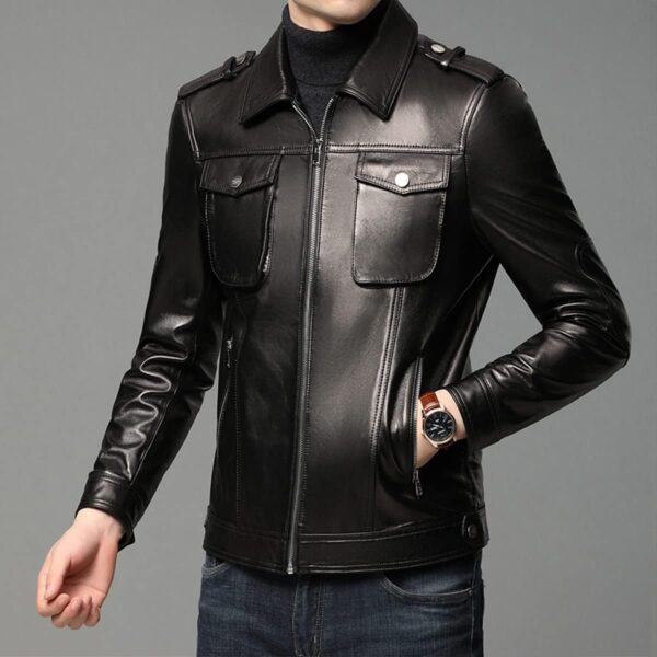 Black Biker Leather Jacket - Image 3