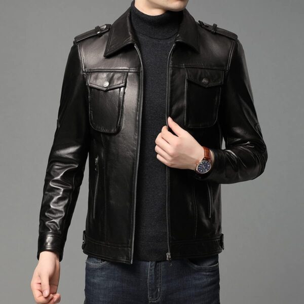 Black Biker Leather Jacket - Image 4