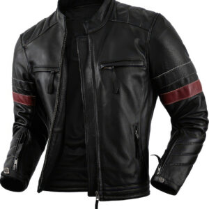 Black Biker Red Strip Lightweight Leather Jacket