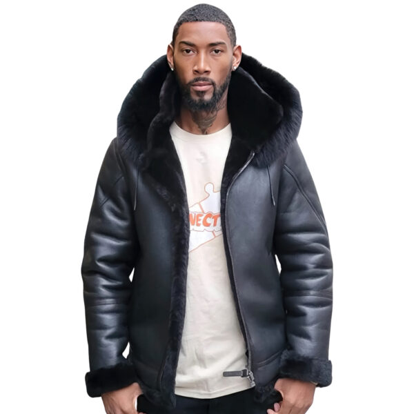 Black Bomber Thick Punk Style Drawstrings Leather Jacket - Image 3
