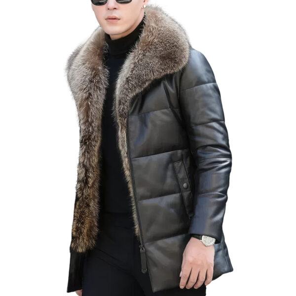Black Detachable Sherpa Shearling Business Padded Leather Puffer Jacket - Image 3