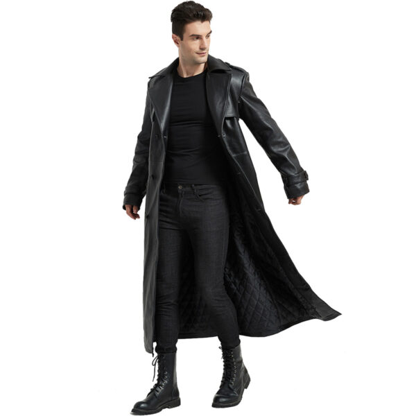 Black Lapel Collar Matrix Quilted Belted Long Leather Duster Jacket