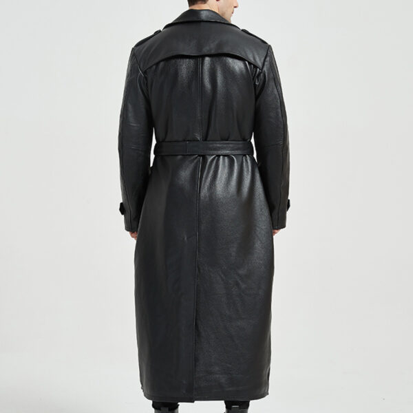 Black Lapel Collar Matrix Quilted Belted Long Leather Duster Jacket - Image 2