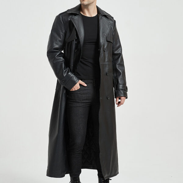 Black Lapel Collar Matrix Quilted Belted Long Leather Duster Jacket - Image 3