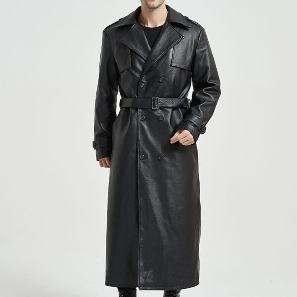 Black Lapel Collar Matrix Quilted Belted Long Leather Duster Jacket - Image 4