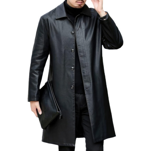 Black Single Breasted Winter  Leather Trench Coat - Image 3