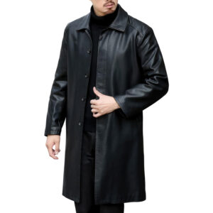 Black Single Breasted Winter Leather Trench Coat