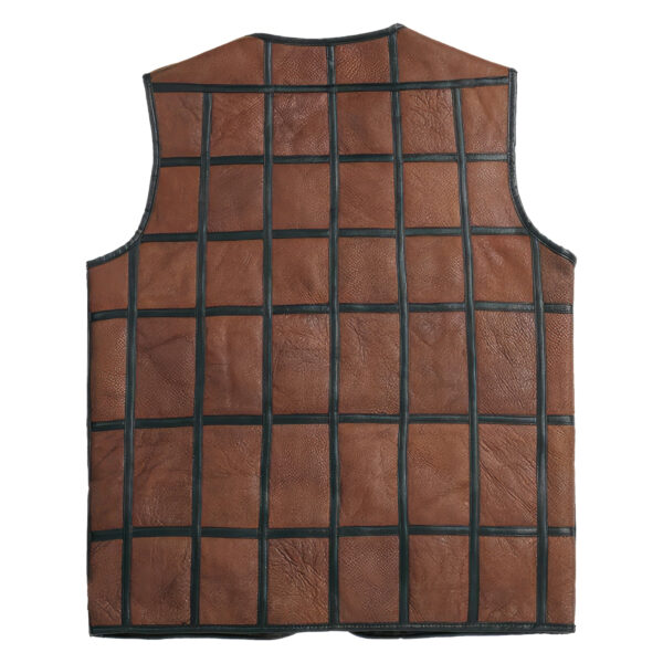 Black Stripped Design V-Neck Leather Waistcoat - Image 2