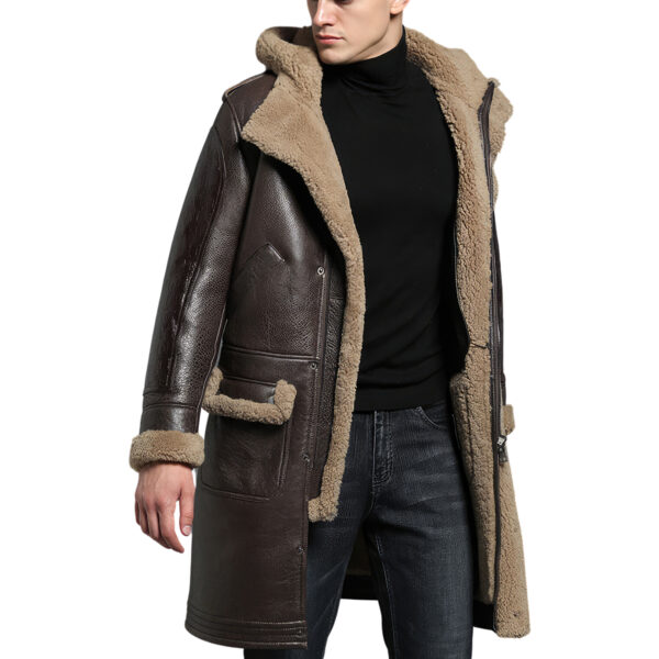 Brown Hooded Winter Warm Thick Retro Military Leather Trench Coat