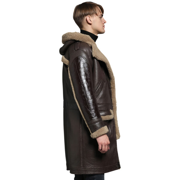 Brown Hooded Winter Warm Thick Retro Military Leather Trench Coat - Image 3