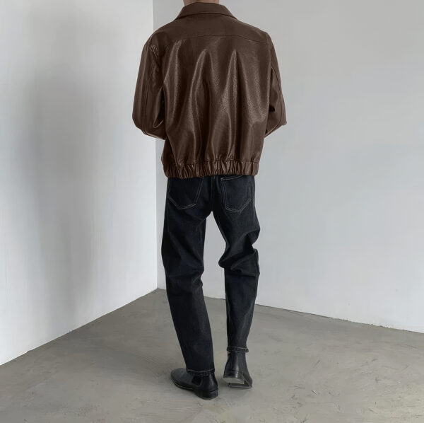 Brown Shirt Collar Korean Style Leather Jacket - Image 2