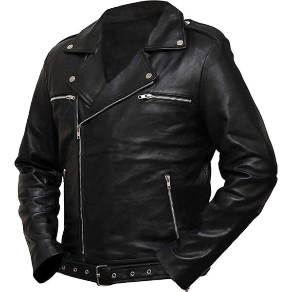 Cafe Racer Retro Motorcycle Asymmetrical Negan Style Black Biker Leather Jacket - Image 2