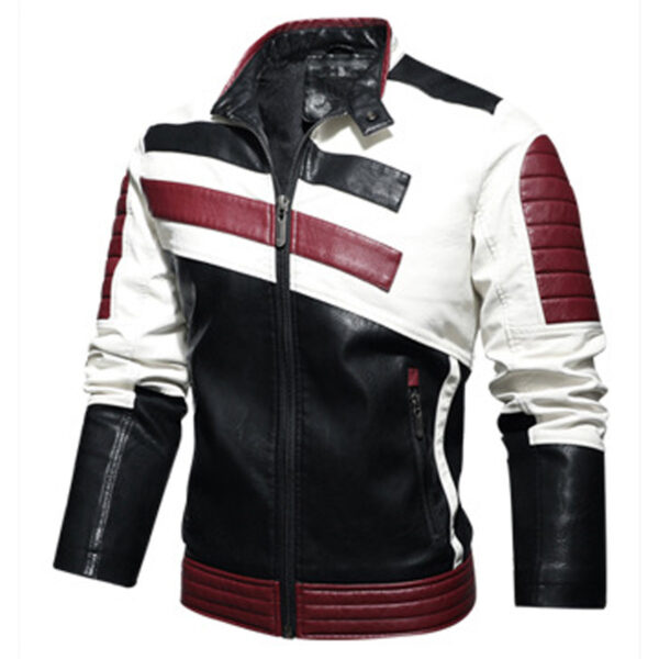 Cafe Racer Striped Black Red White Toned Leather Jacket - Image 5