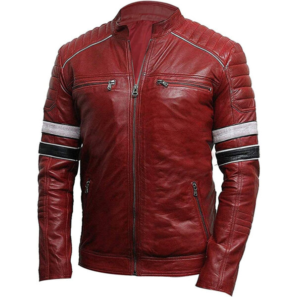 Cafe Racer Strips Red Biker Leather Jacket