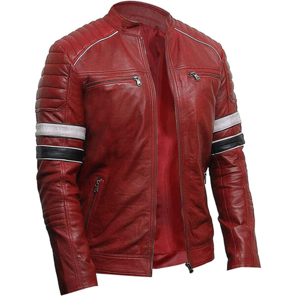 Cafe Racer Strips Red Biker Leather Jacket - Image 2
