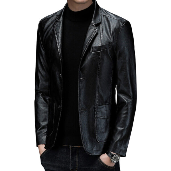 Classic Office Business Slim Fit Leather Blazer Jacket - Image 2