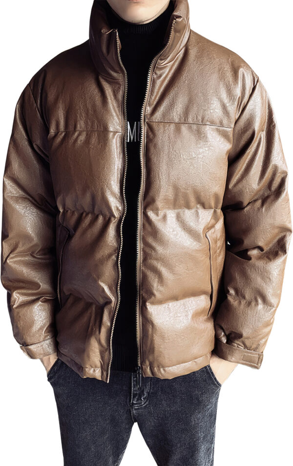 Coffee Baggy Style Padded Puffer Leather Jacket