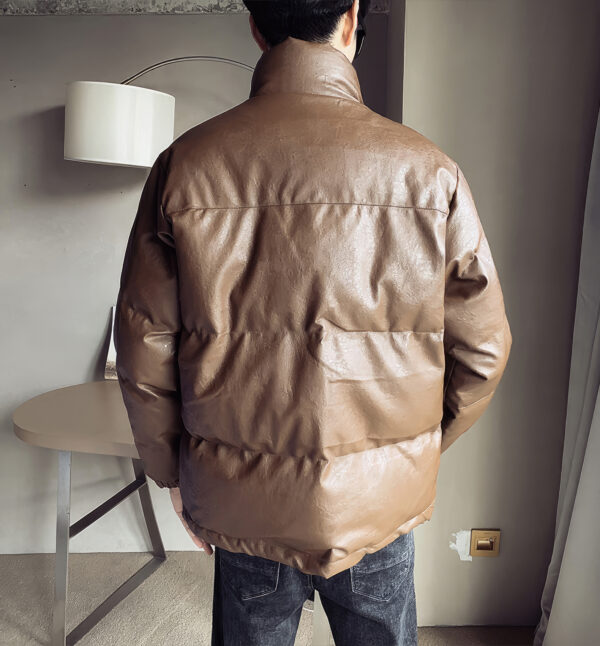 Coffee Baggy Style Padded Puffer Leather Jacket - Image 2