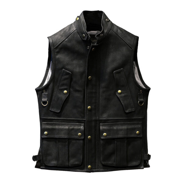Hunter Multi Pockets Motorcycle Leather Waistcoat - Image 4