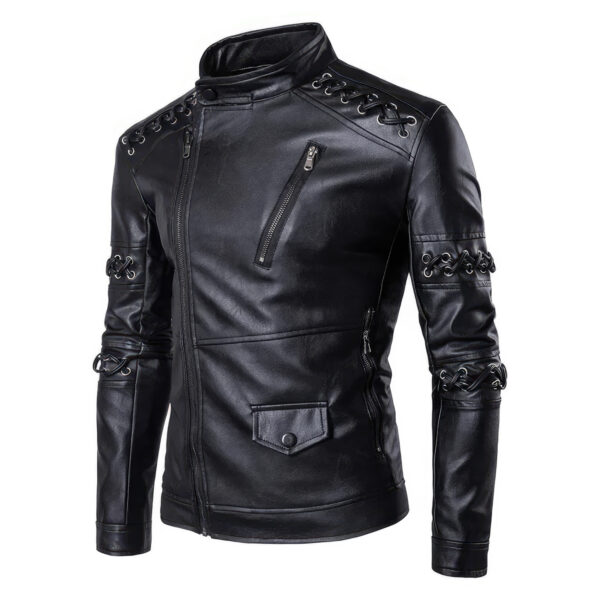 Men Biker Laces Cafe Racer Rider Leather Jacket - Image 3