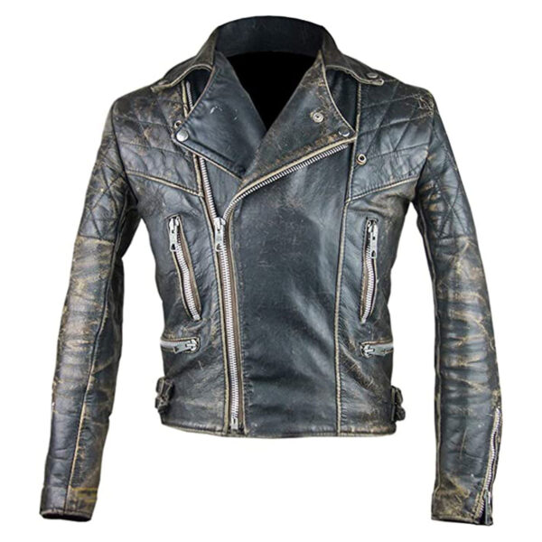 Men Biker Vintage Brando Leather Jacket With Golden Dust